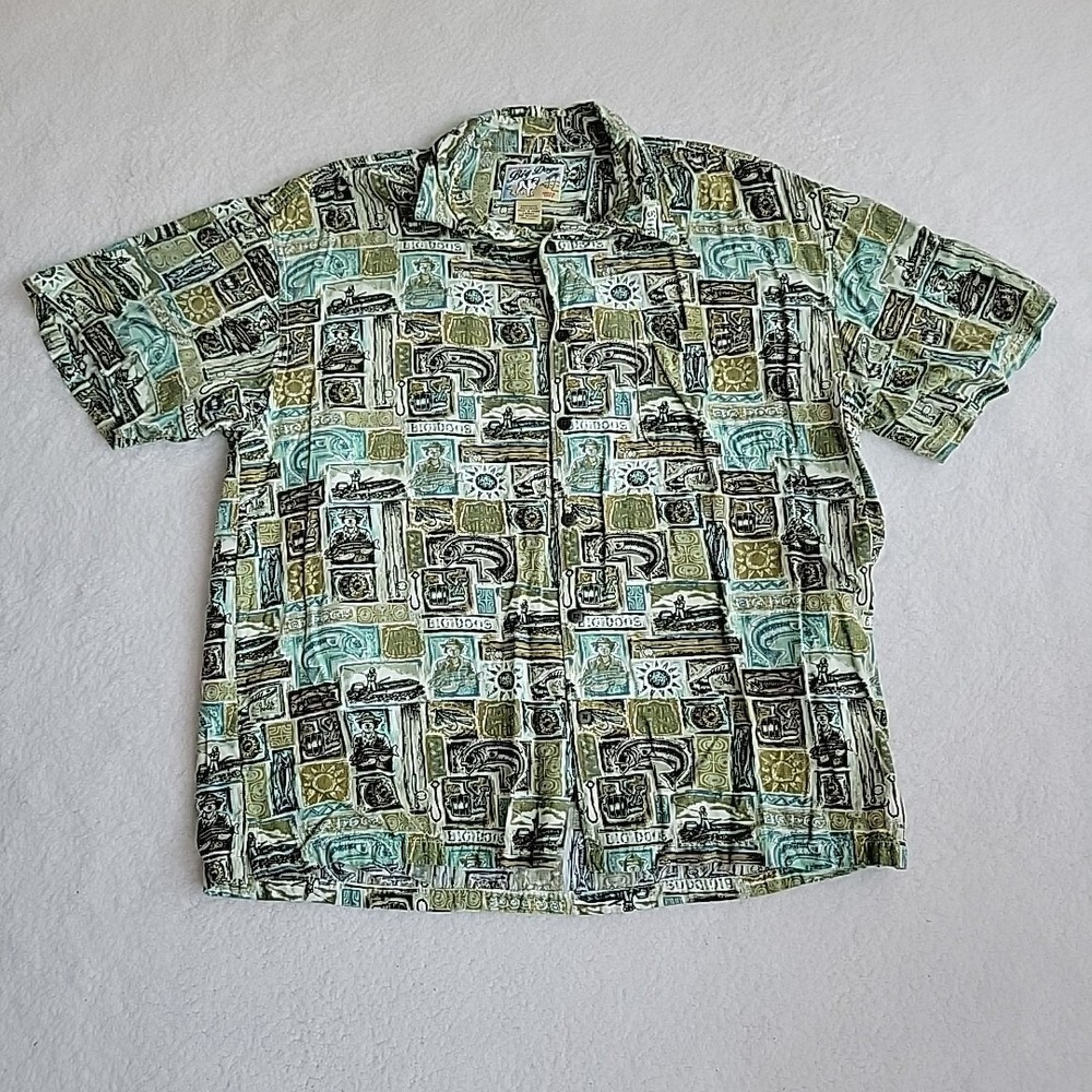 Vintage Big Dogs Hawaiian Shirt Mens Large Green Blue Fishing All Over Print‎